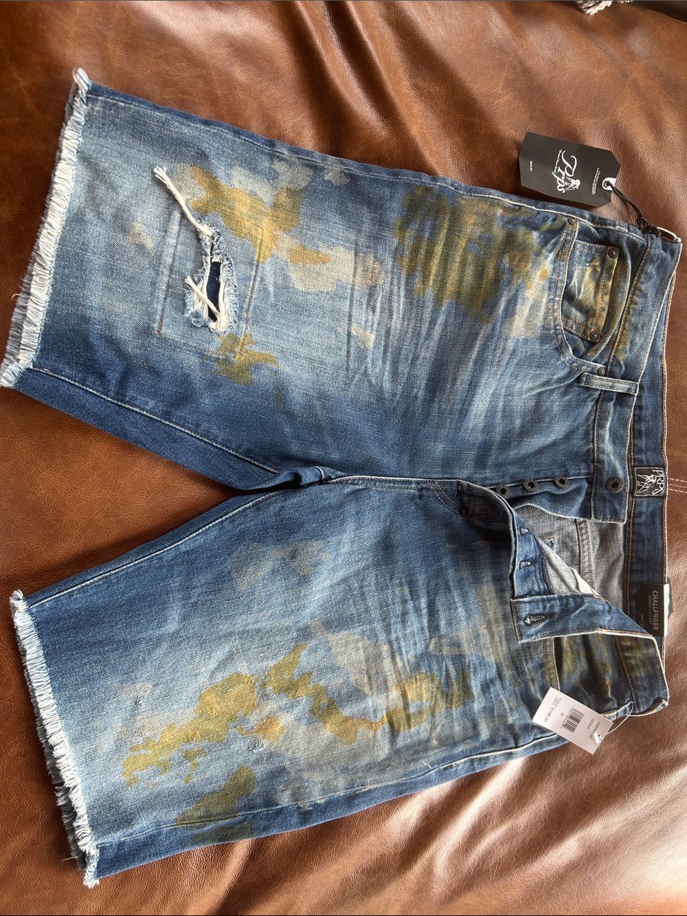 PRPS Blue Distressed Denim Shorts with Gold Paint Accents